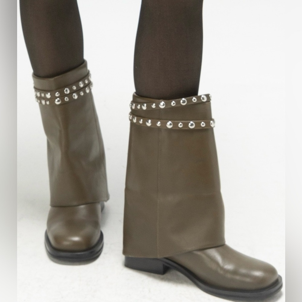 Free People Scropio Womens Fold-Over Leather Mid-Calf Boots Sz 9 Olive Green